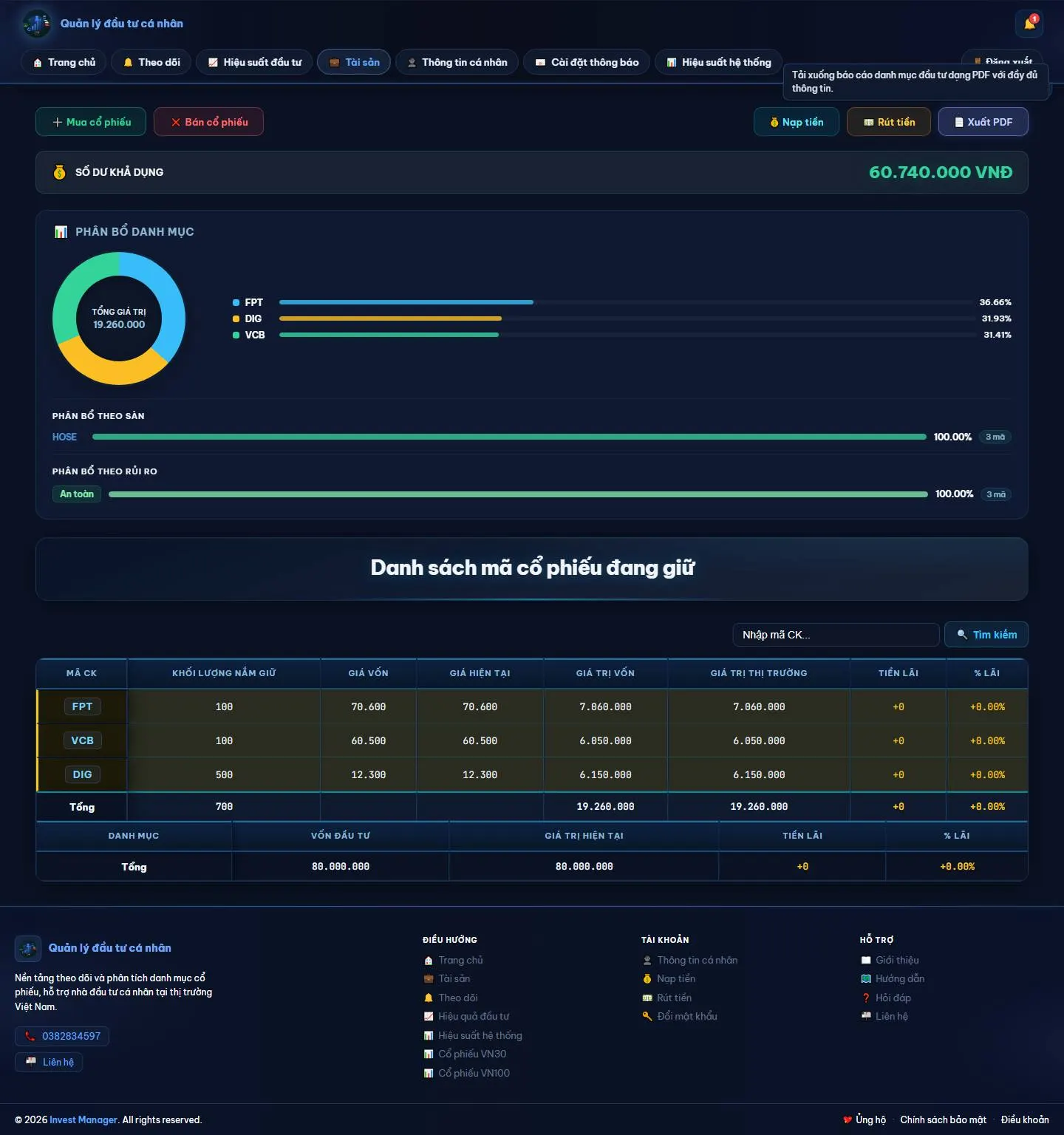Giao diện màn hình portfolio